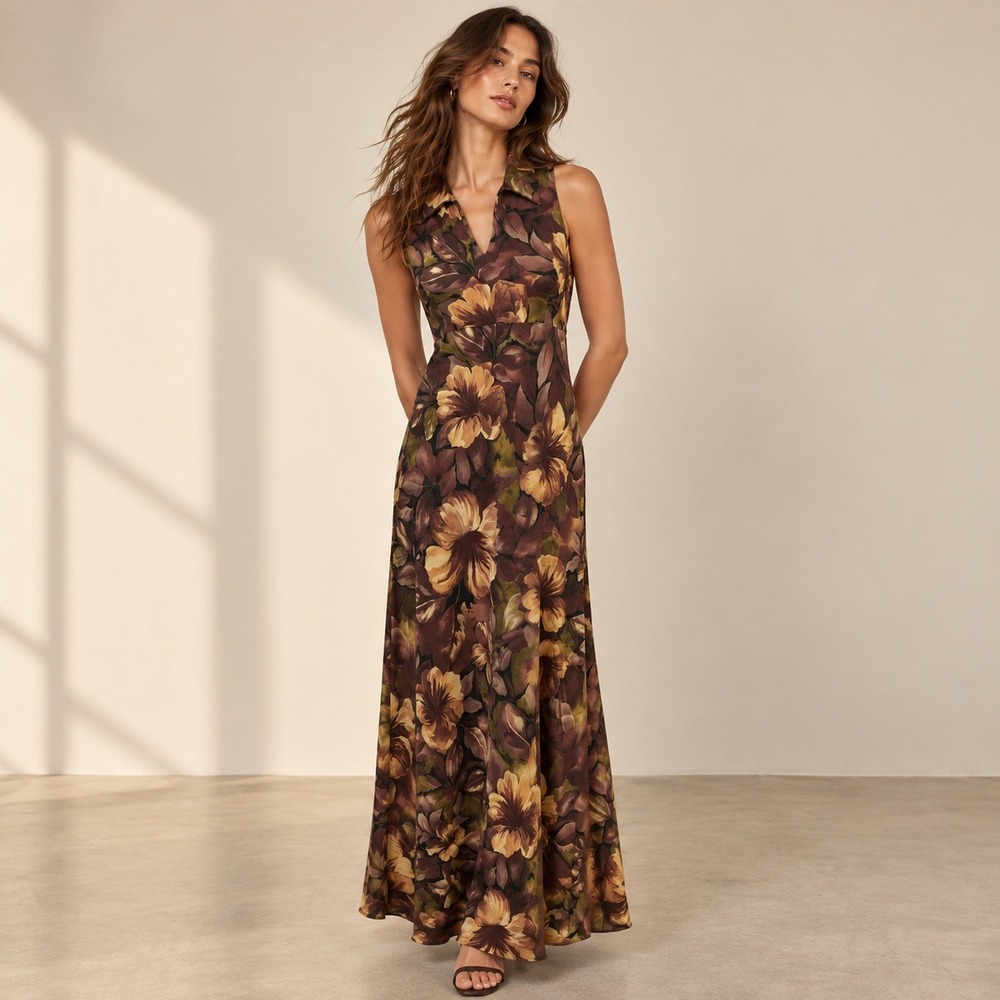 Decked Out Maxi Dress 5/6 Brown Vintage 90s Floral Sleeveless Boho Tropical